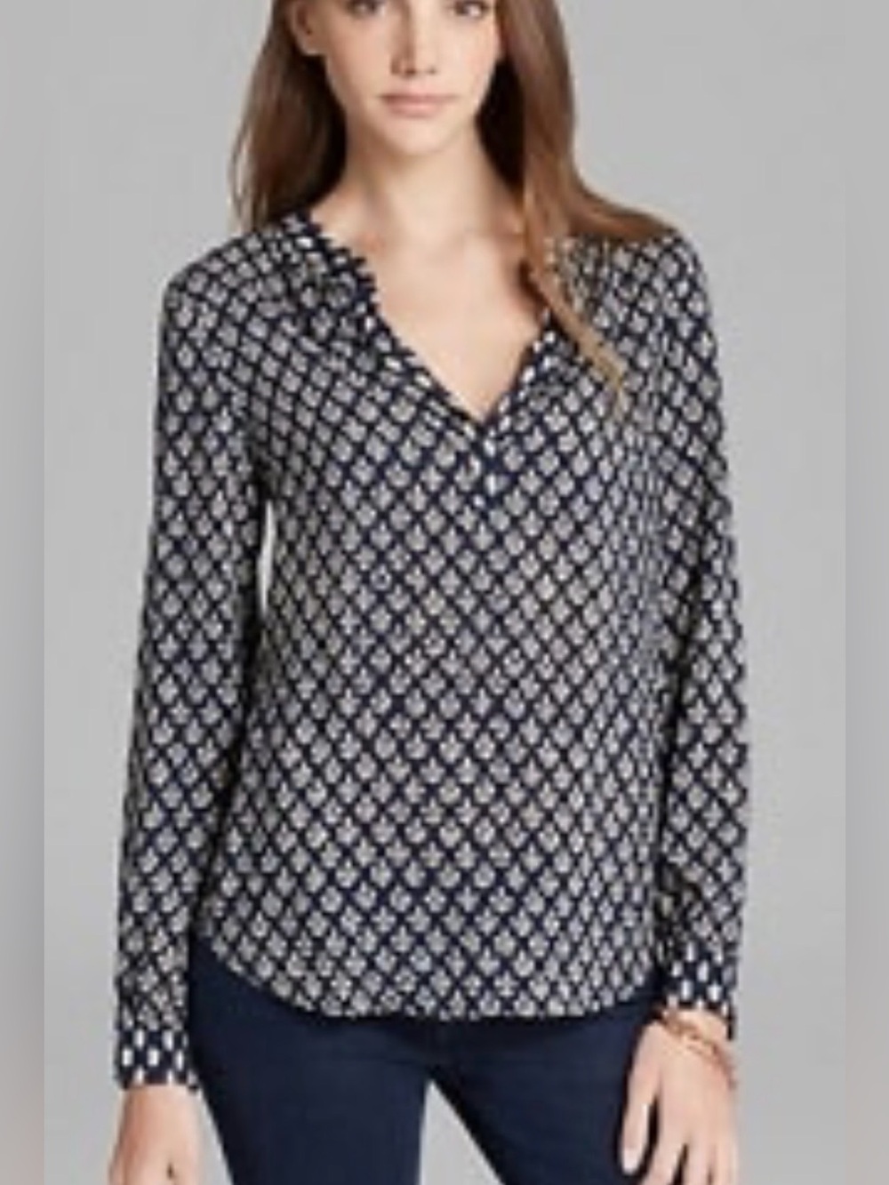 Velvet by Graham & Spencer Navy and Cream Printed Blouse